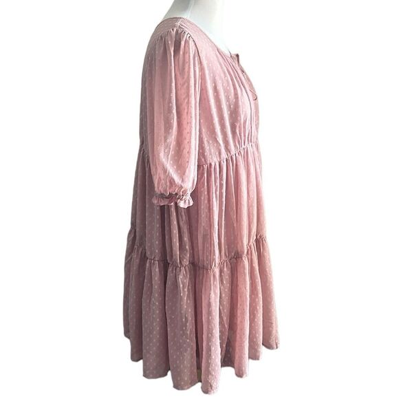 Easel Los Angeles Swiss Dot Peasant Tiered BabydollDress Blush Pink Size L - Picture 3 of 10